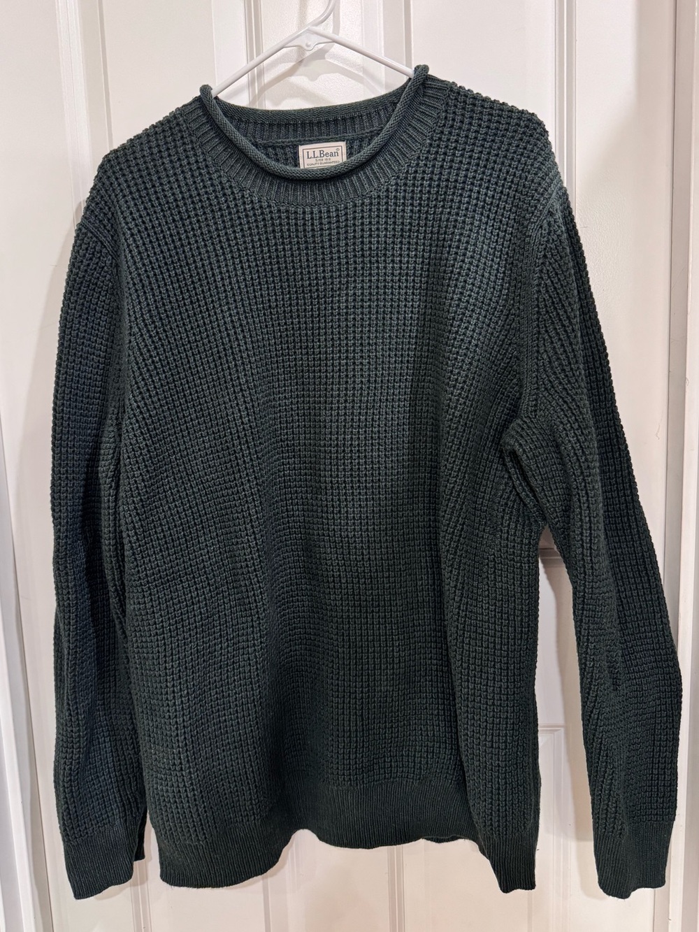L.L. Bean Men's Forest Green Waffle-Knit Crewneck Sweater